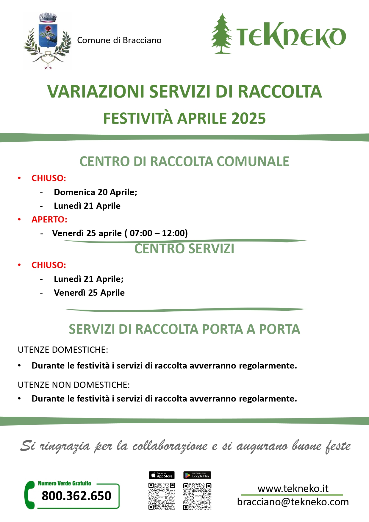Servizi festività - Aprile e Maggio 2025