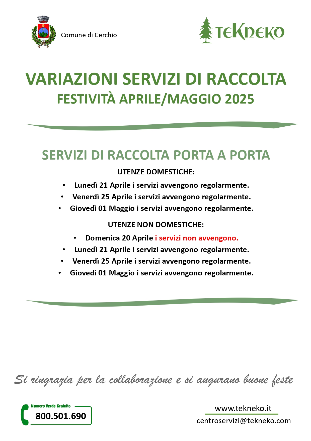 Servizi festività - Aprile e Maggio 2025