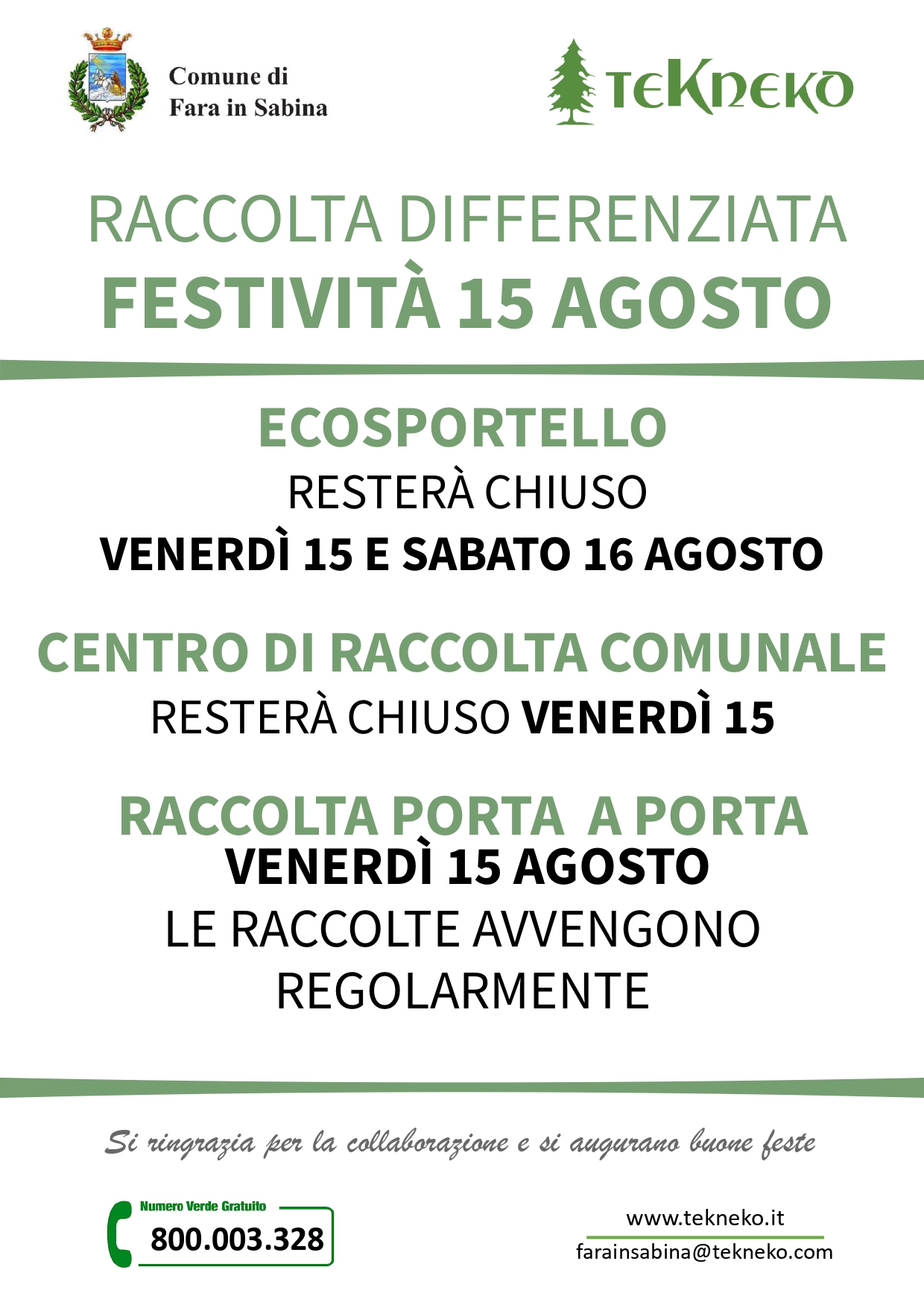 Chiusure e variazioni servizi festività di Ferragosto Fara in Sabina