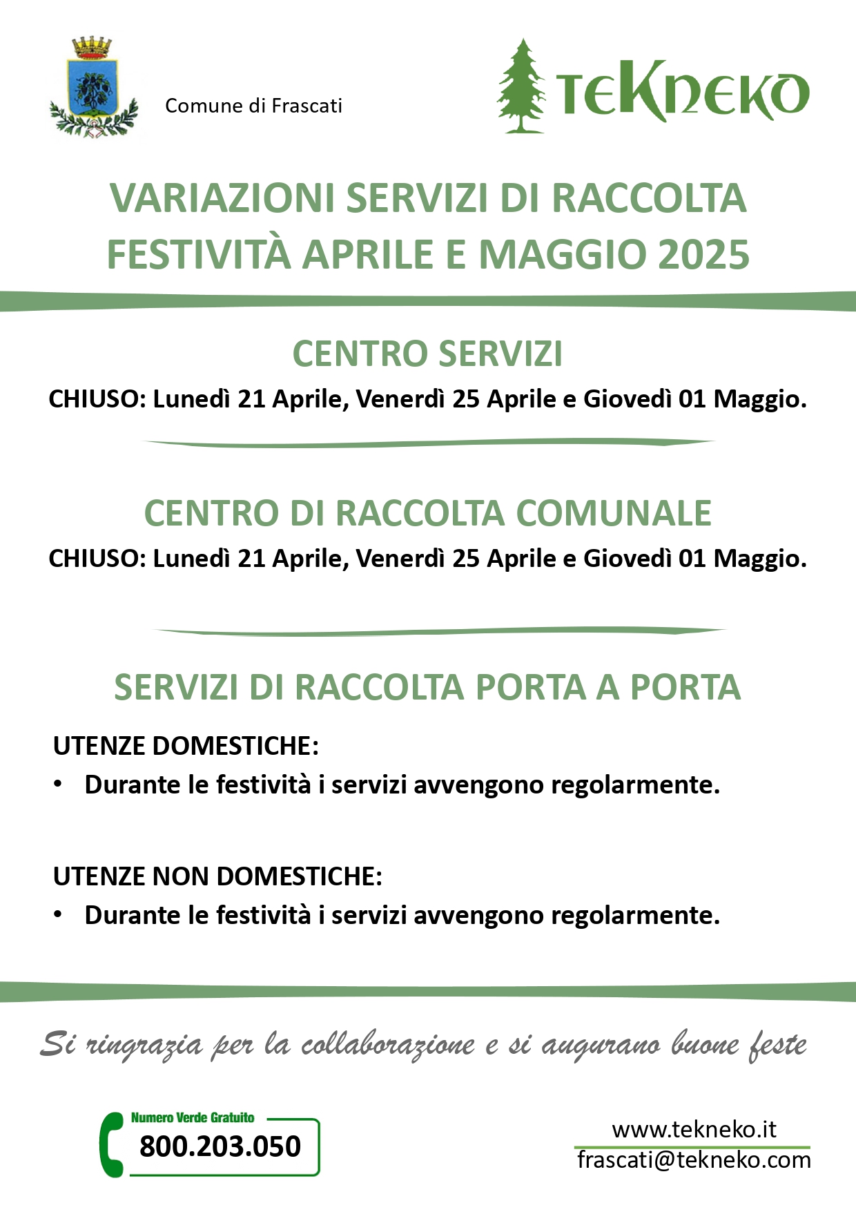 Servizi festività - Aprile e Maggio 2025