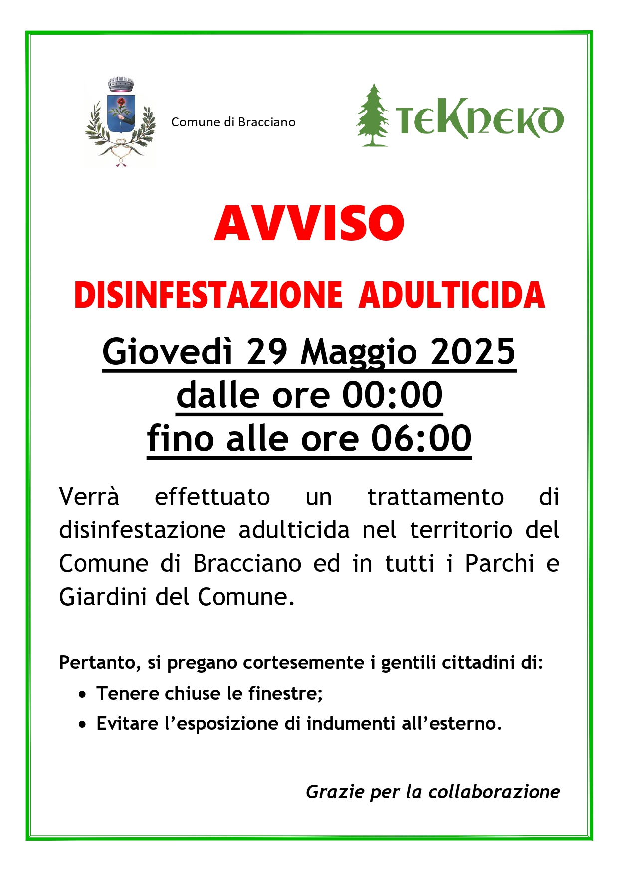 Disinfestazione Bracciano 29 maggio 2025