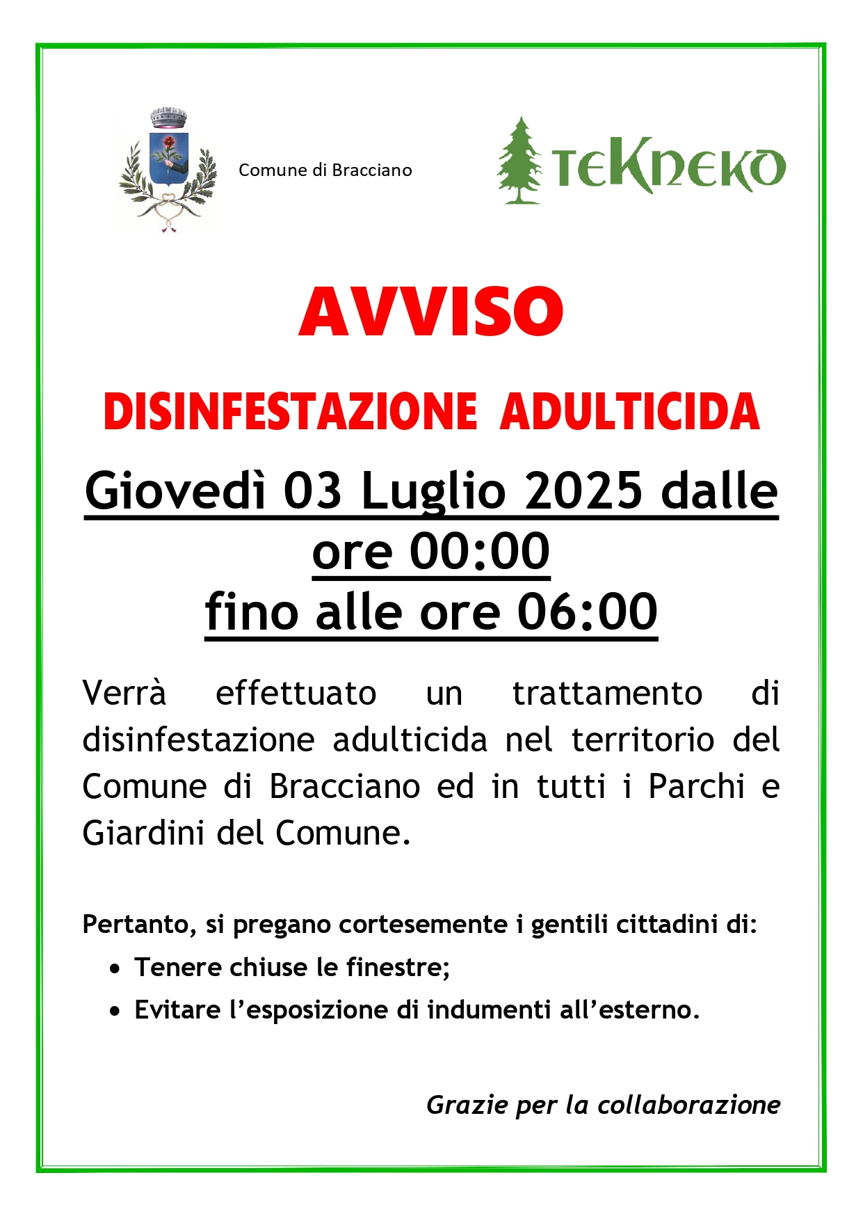 Disinfestazione Bracciano 03 luglio 2025