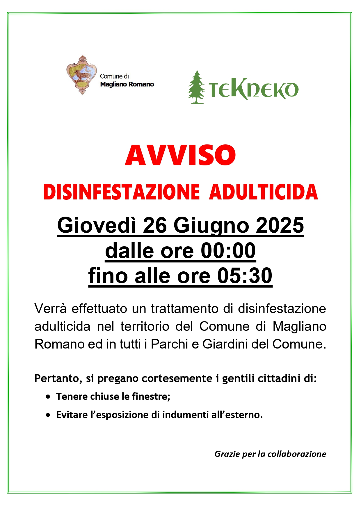 Disinfestazione Adulticida 26 Giugno 2025
