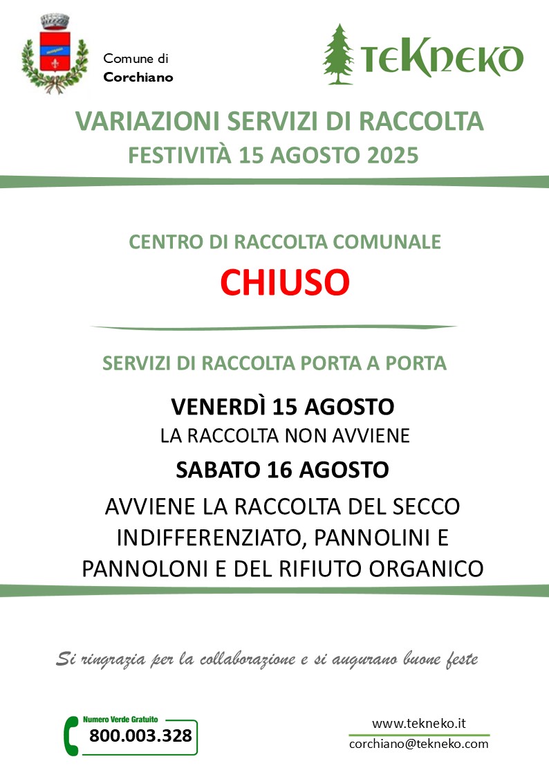 Chiusure e variazioni servizi festività di Ferragosto Corchiano