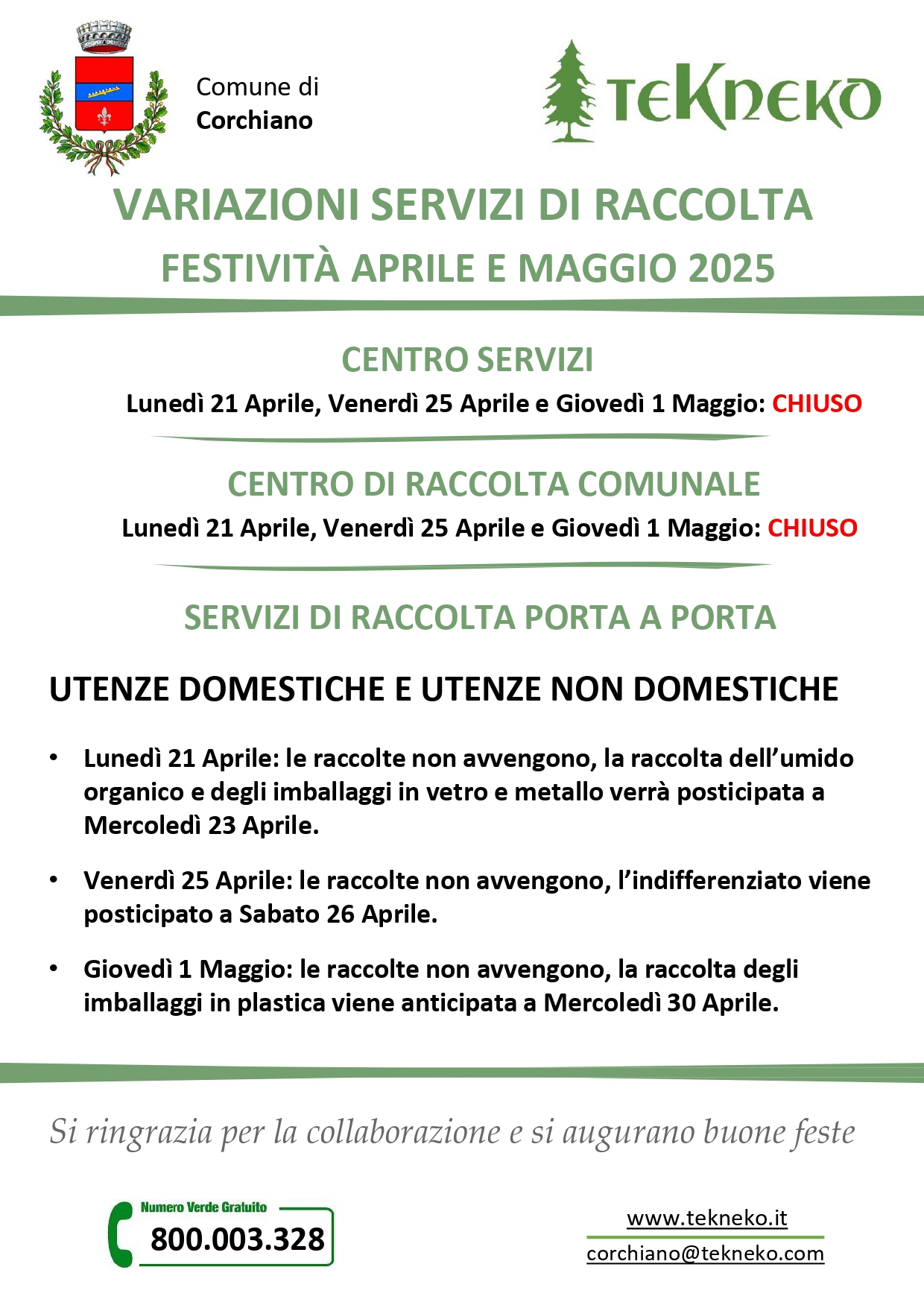 Servizi festività - Aprile e Maggio 2025