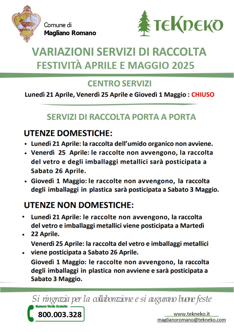 Servizi festività - Aprile e Maggio 2025