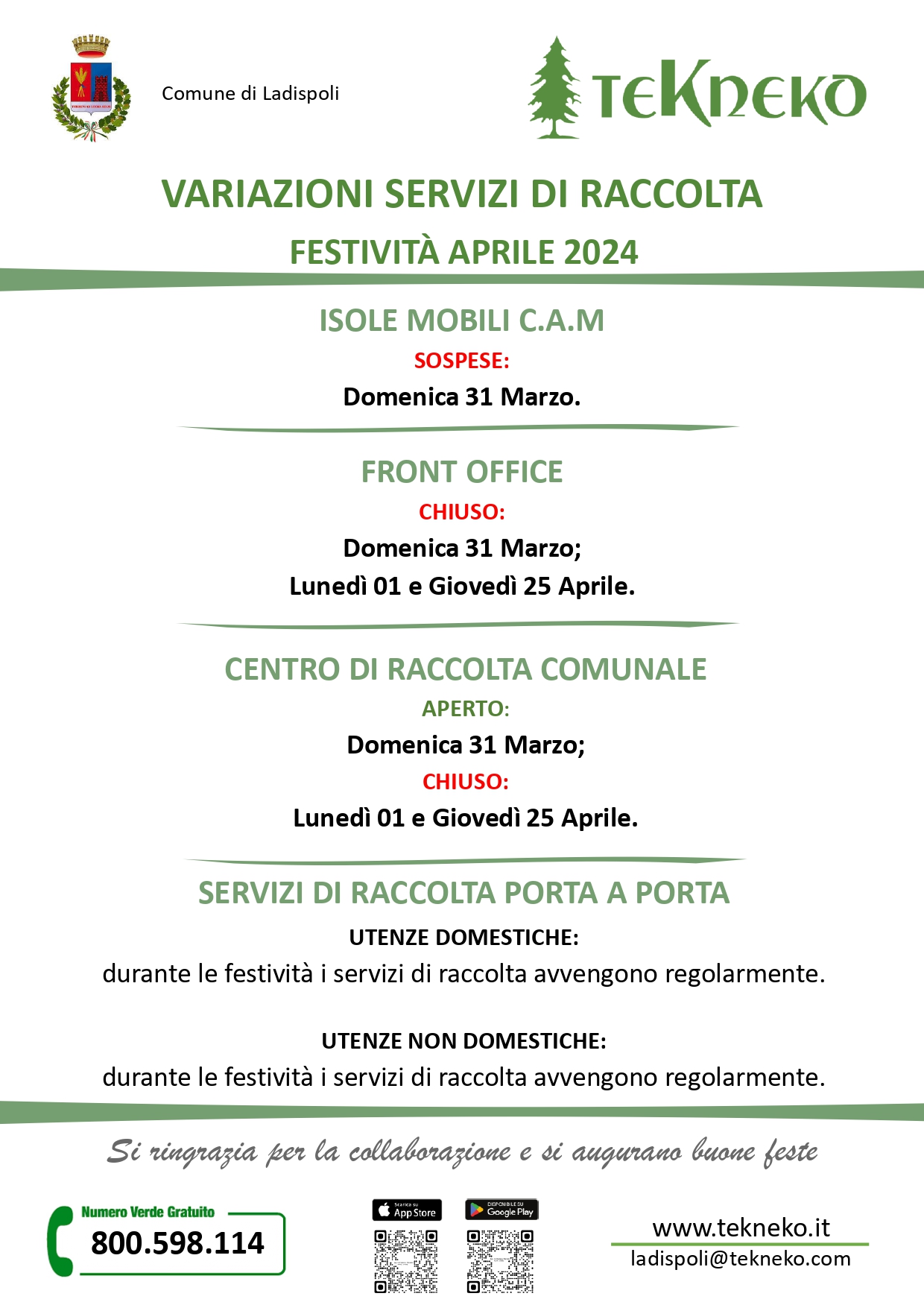 Variazioni servizi festività Aprile 2024