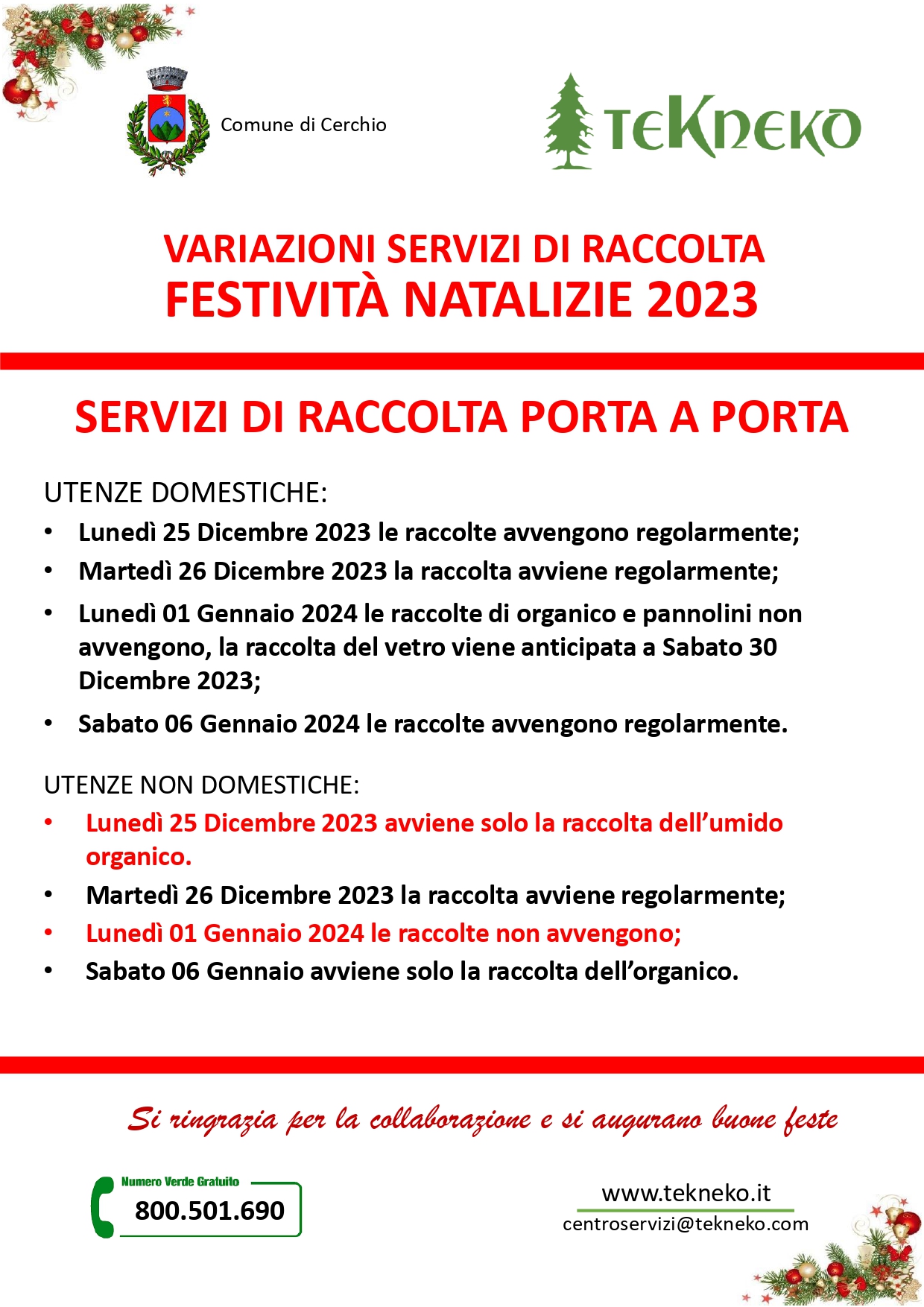 Variazioni servizi festività natalizie