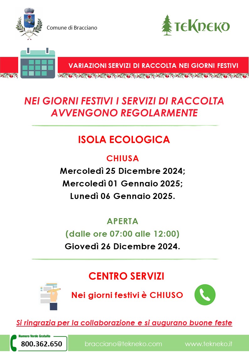 Variazioni servizi festività natalizie 2024