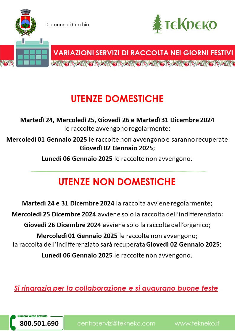 Variazioni servizi festività natalizie 2024