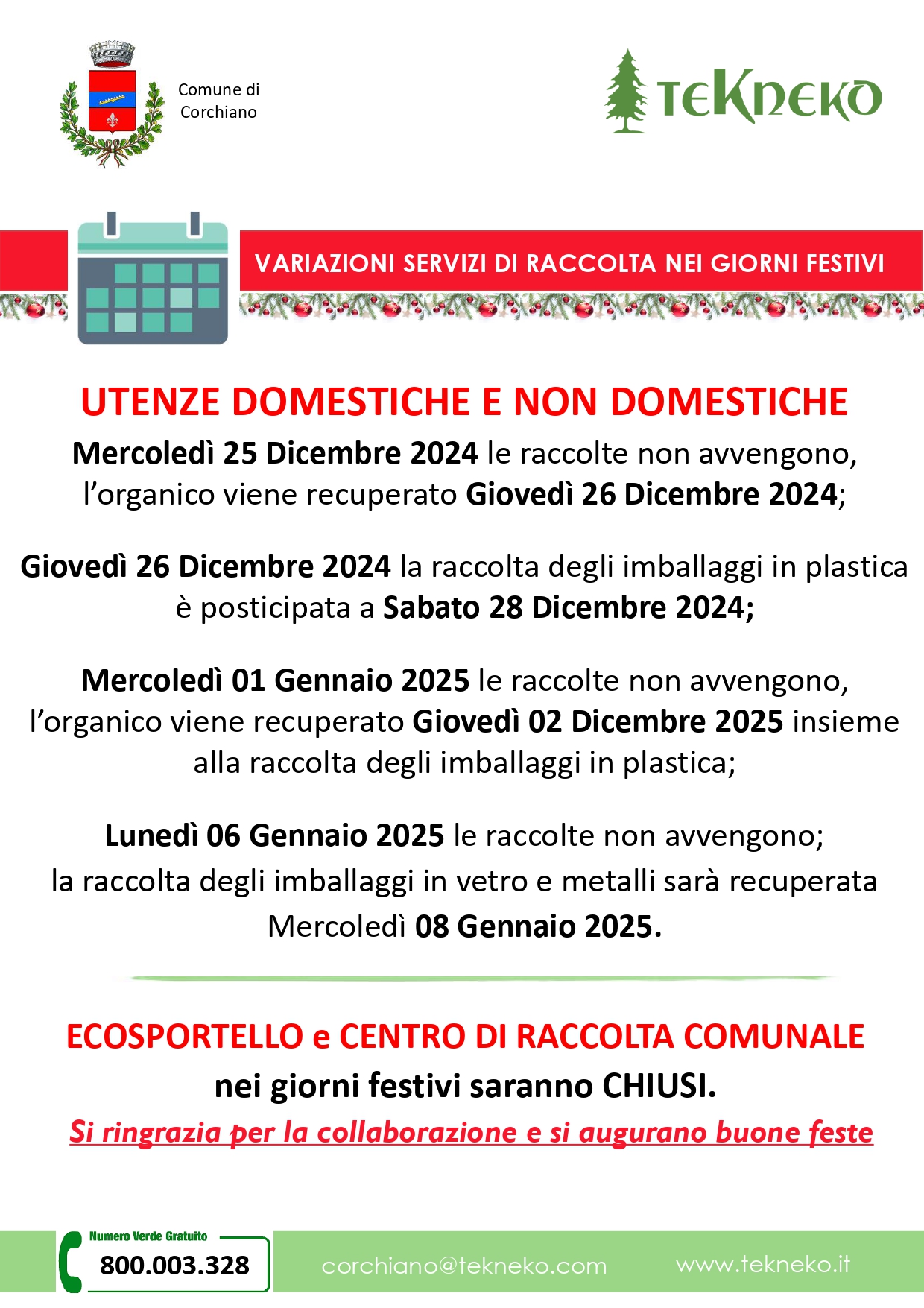 Variazioni servizi festività natalizie 2024