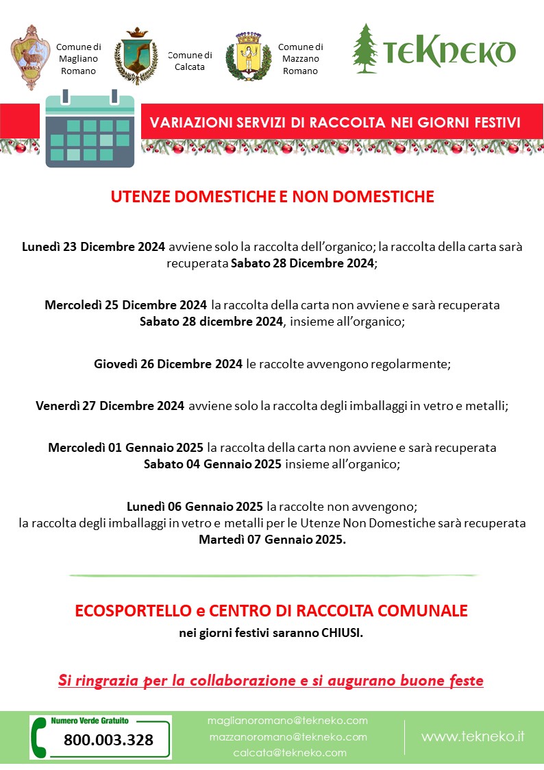 Variazioni servizi festività natalizie 2024