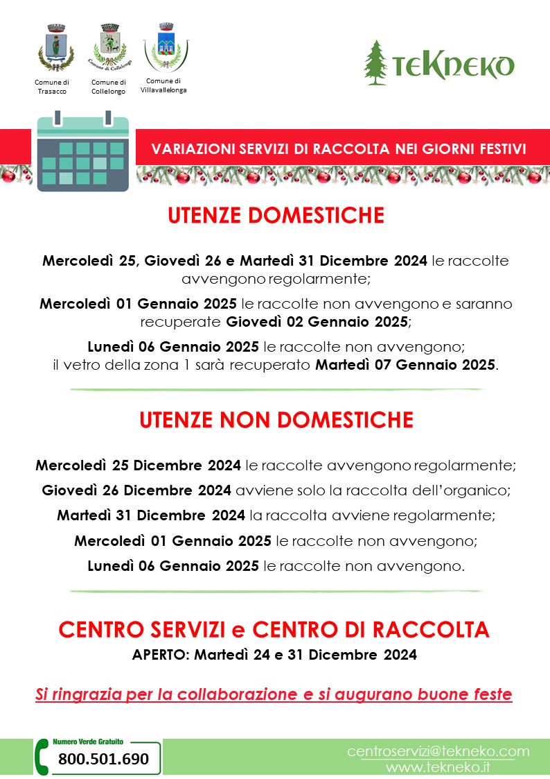 Variazioni servizi festività natalizie 2024