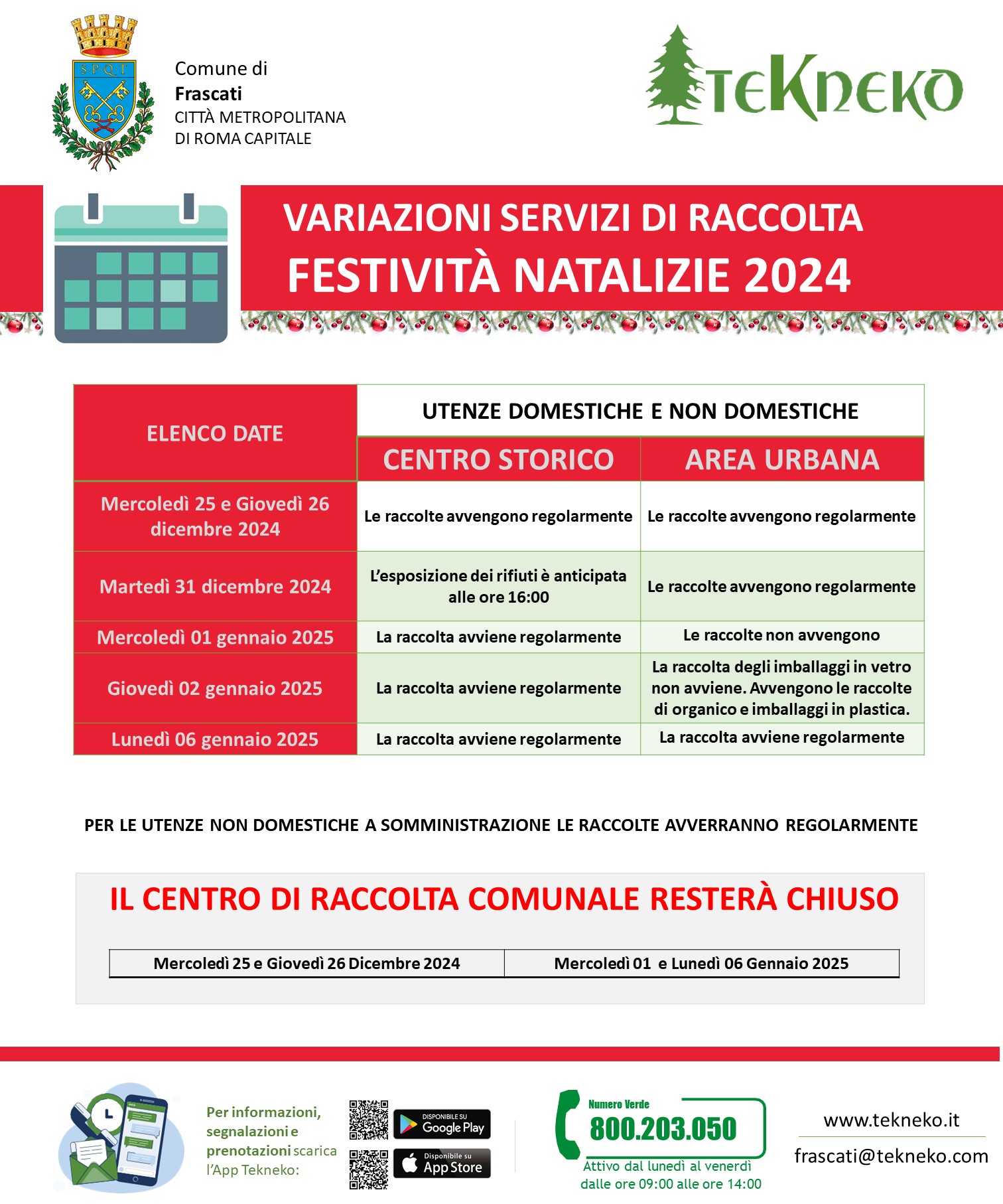 Variazioni servizi festività natalizie 2024