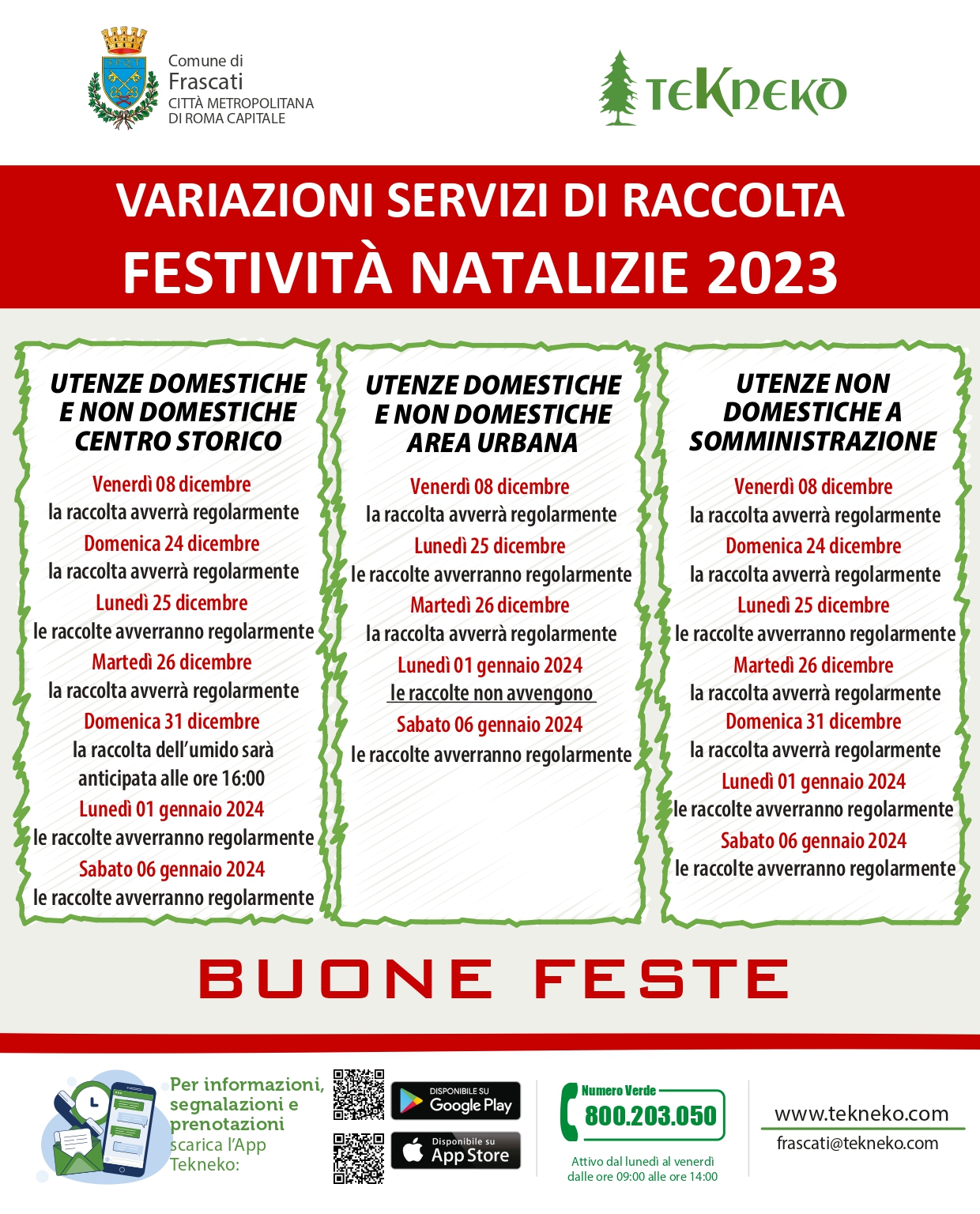 Variazioni servizi festività natalizie
