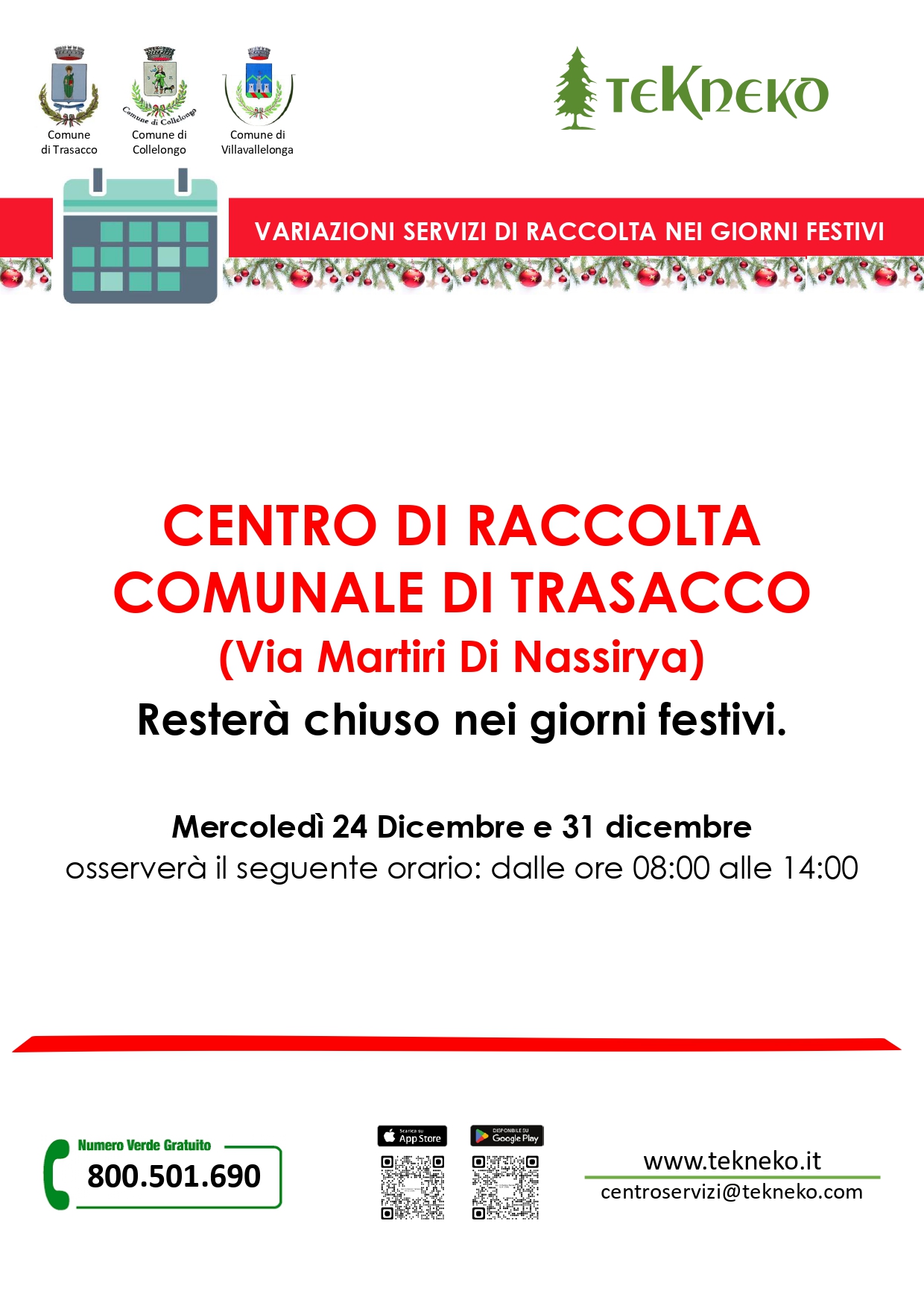 apertura festività natalizie Centro di Raccolta Comunale di Trasacco