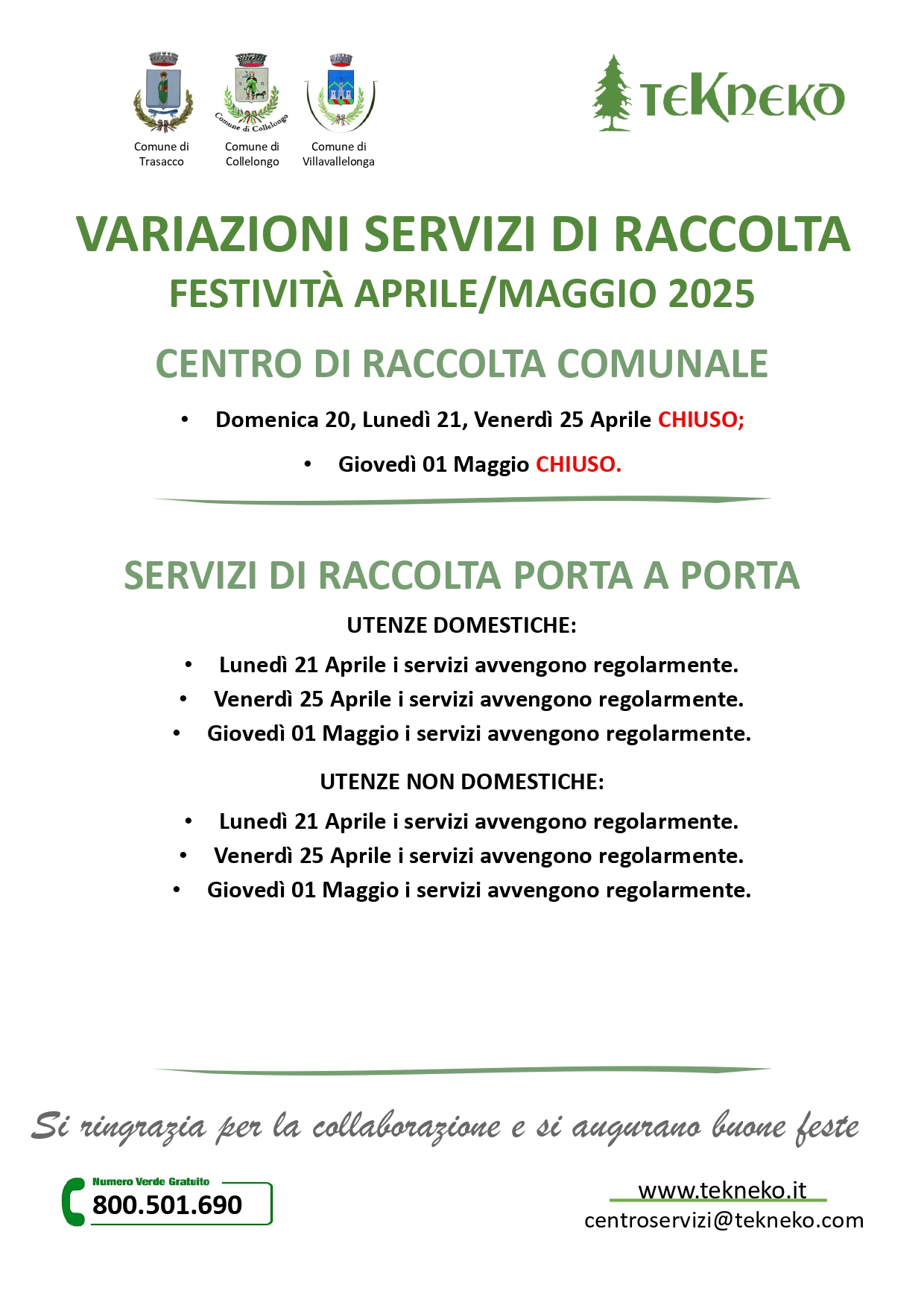 Servizi festività - Aprile e Maggio 2025