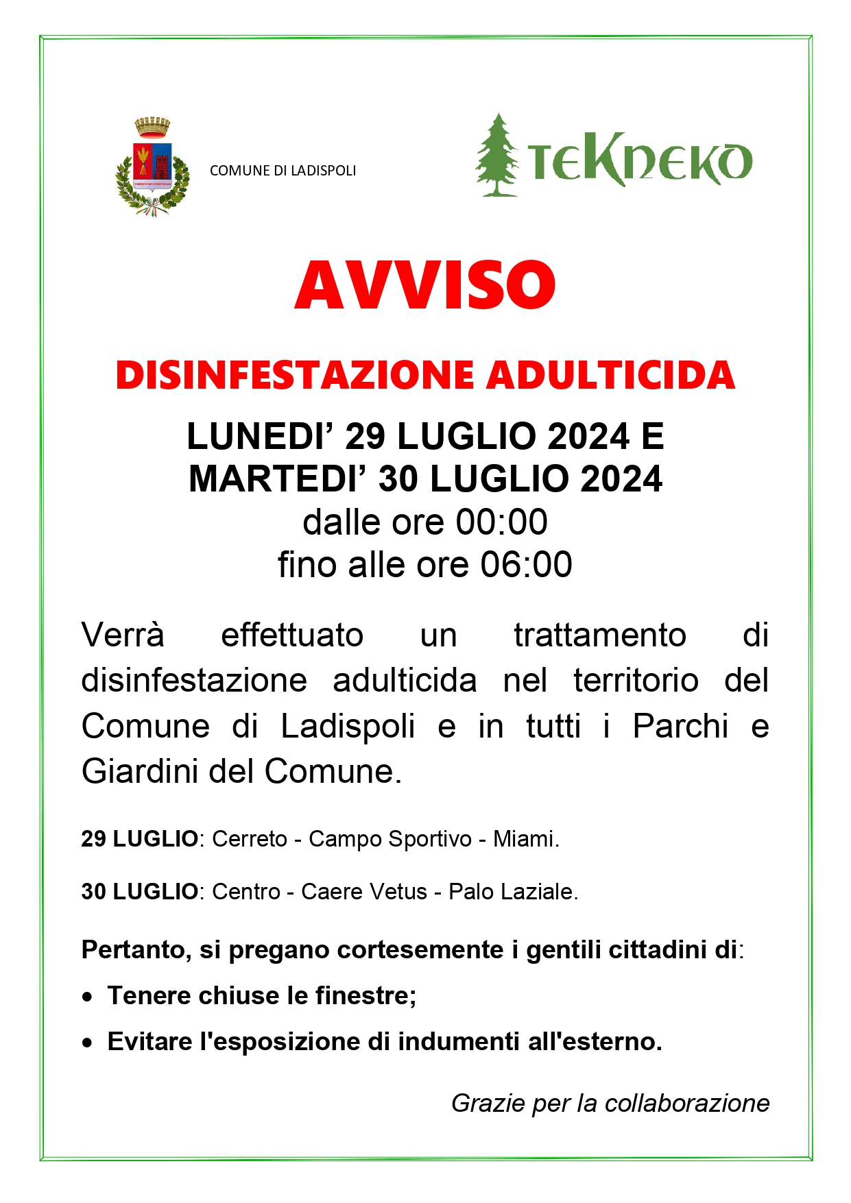 Disinfestazione Adulticida 29 e 30 Luglio 2024