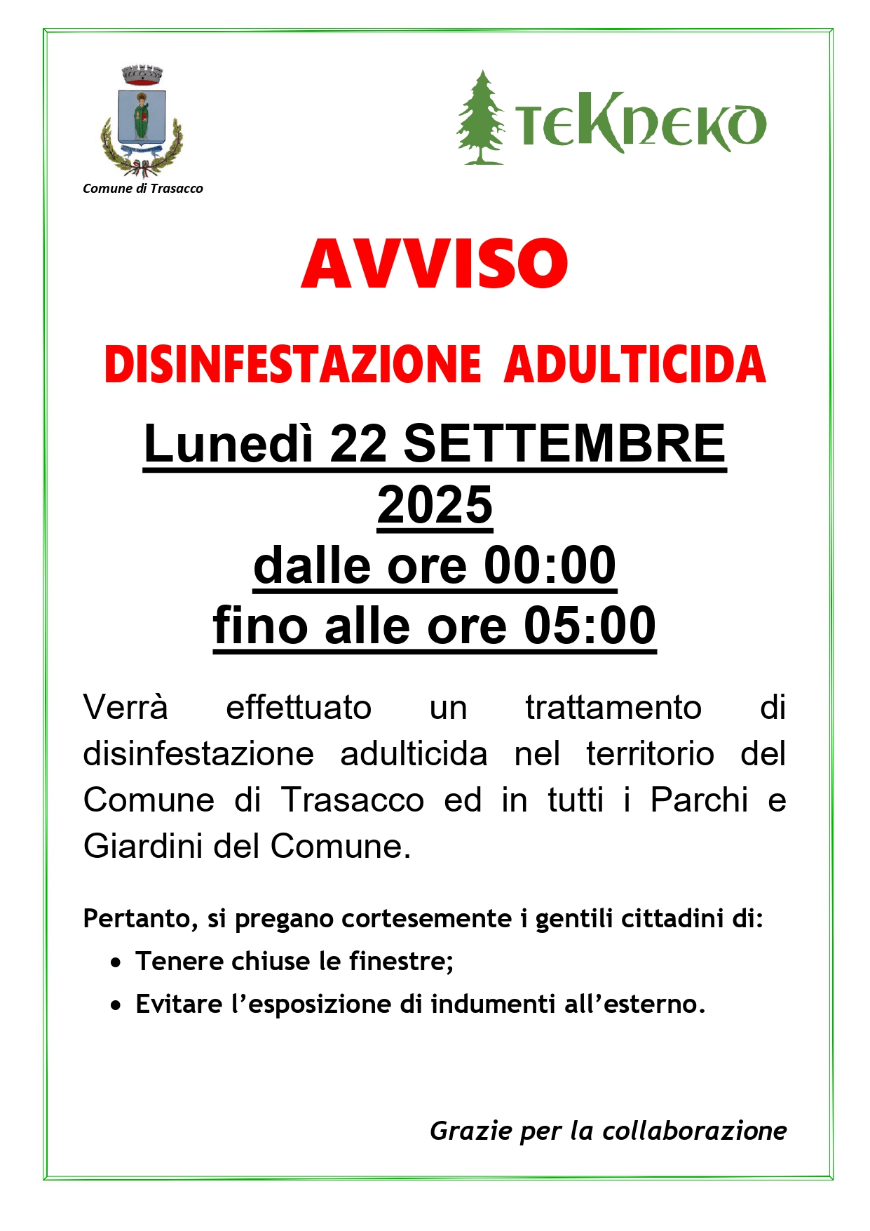 Disinfestazione Trasacco 22 settembre 2025