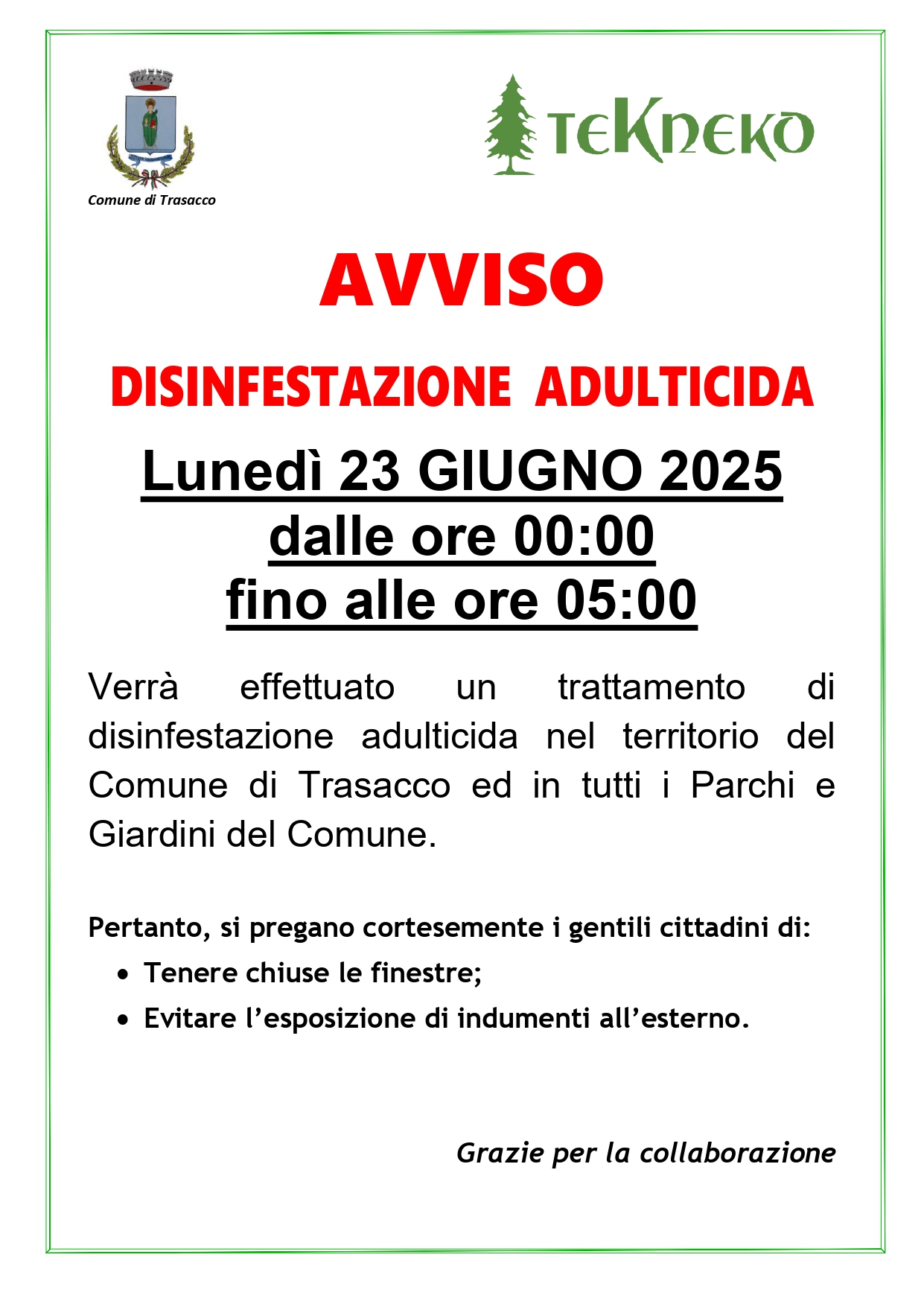 Disinfestazione Trasacco 23 giugno 2025